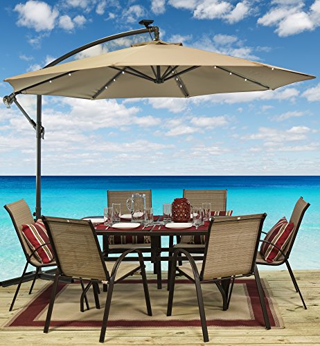 Sun-Ray 811044 10' Round Cantilever 8-Rib Offset Solar Patio Umbrella 24 LED Lights, Crank with Adjustable Tilt, Cross Base, Aluminum Frame, 10 ft, Taupe/Beige