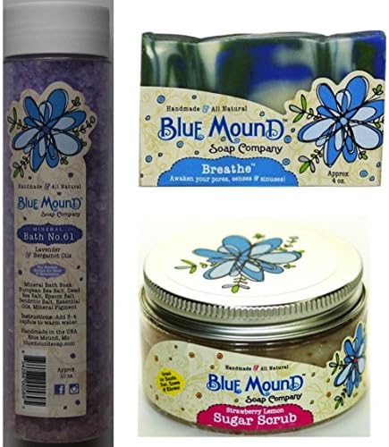 Blue Mound Soap Value Gift Set (contains Mineral Bath No. 61 bath salts, Breathe bath soap, and Strawberry Lemon Sugar Scrub)