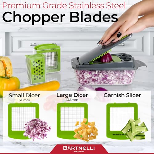 Bartnelli Cortador de vegetais Pro | 15 peças de utensílios de cozinha multifuncionais para cebola, vegetais, ralador de queijo, cortador de legumes com recipiente grande, fácil de limpar, com escova e garfo bônus