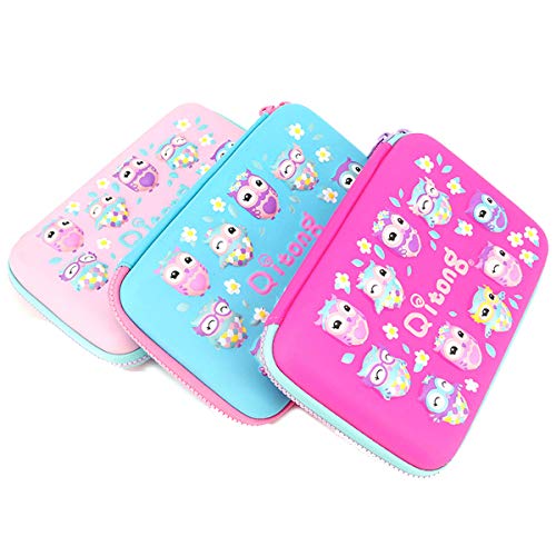 Hard Shell Pencil Case Cute 3D Owls Embossed Design Hardtop Pen Box with Big Capacity Stationery Pouch for Kids (Blue)
