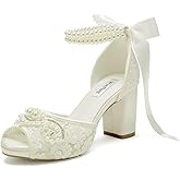 Lace Pearl Wedding Shoes for Bride High Heel Bridal Shoes Peep Toe Platform Wedding Heels