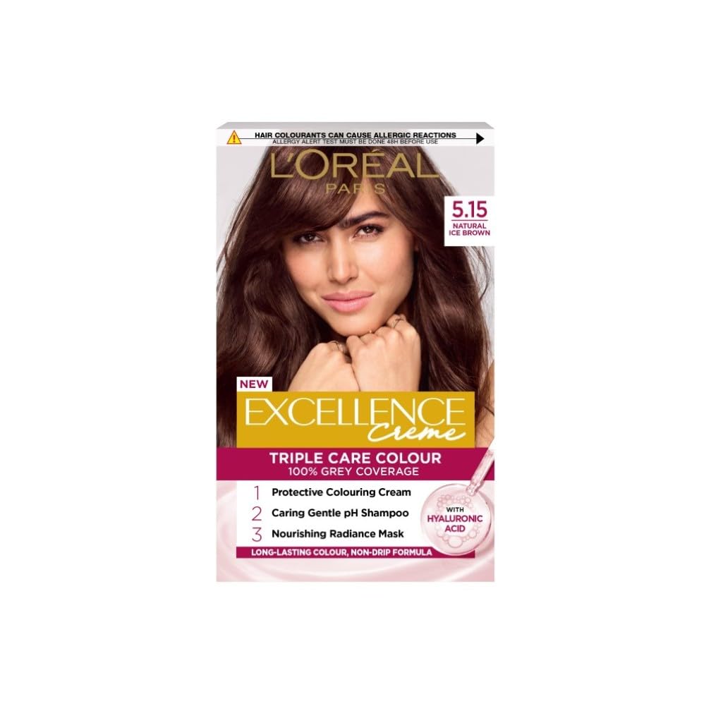 L'Oréal Paris Excellence Crème Permanent Hair Dye, Radiant At-Home Hair Colour with up to 100% Grey Coverage, Pro-Keratin, Up to 8 Weeks of Colour, Colour: 5.15 Natural Iced Brown