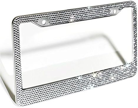 Annwer (2 Pack) (2 Pack) Rhinestone License Plate Frame Metal Chrome Diamond Bling Glitter Custom 8 Rows of Diamonds for Car / Truck + Crystal Screw Caps for Both Front and Back License