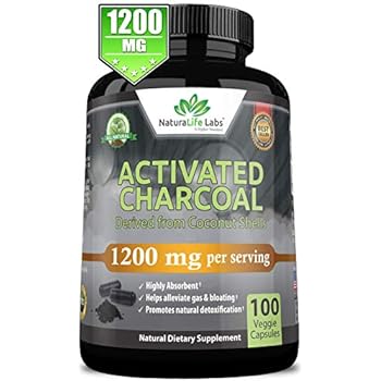 Organic Activated Charcoal Capsules - 1200mg Highly Absorbent Helps Alleviate Gas & Bloating Promotes Natural detoxification Derived from Coconut Shells - per Serving - 100 Vegan Capsules