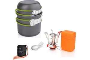 Gurukim 6pcs Camping Cookware Set, Camping Pot and Pan Set with Mini Backpacking Stove Spork and Carry Mesh Bag, Cooking Gear