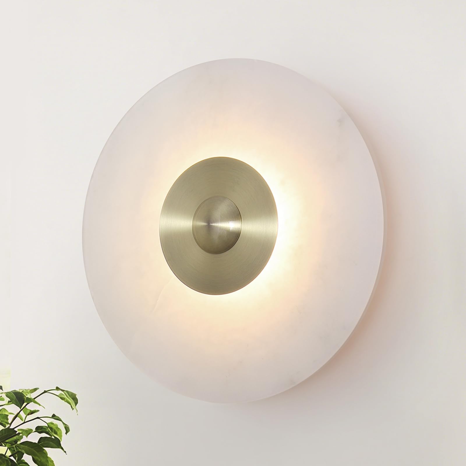 Photo 1 of LOSNEOLAZ 11.8" Round Alabaster Wall Sconce,Bronze Modern Bathroom Light Fixture with Natural Marble Shade for Bedroom, Hallway, Stairs (Hardwired)