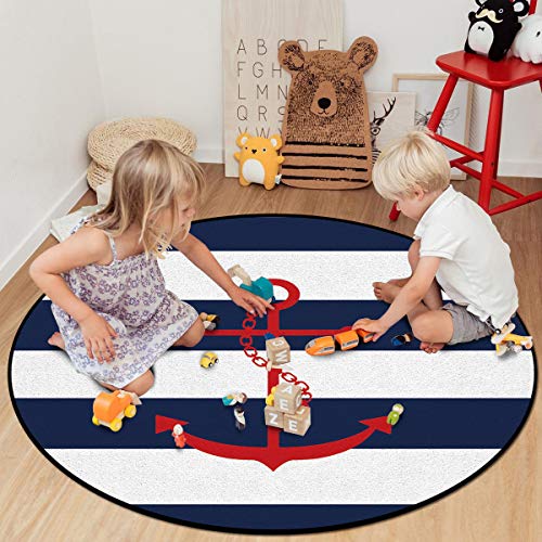 OneHoney-Round-Area-Rugs-Nautical-Red-Anchor-Sailor-Indoor-Entryway-Doormat-Throw-Runner-Rug-Floor-Carpet-Pad-Yoga-Mat-for-Living-Room-Bedroom-Blue-and-White-Stripes-3Feet OneHoney Round Area Rugs, Nautical Red Anchor Sailor Indoor Entryway Doormat Throw Runner Rug Floor Carpet Pad Yoga Mat for Living Room Bedroom Blue and White Stripes 3Feet