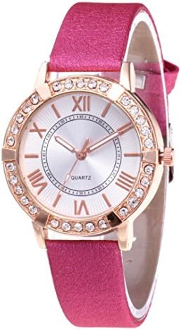 Yeefant Colorful Roman Rose Trendy Student Couple Roman Diamond Belt Leather Band Analog Quartz Round Wrist Women's Fine Vintage Fashion Trend Belt Watch,Hot Pink