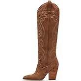 VOMIRA Knee High Cowboy Boots for Women Pointed Toe Chunky High Heels Pull-on Embroidered Boots Western Boots Wide Calf Cowgirl Boots