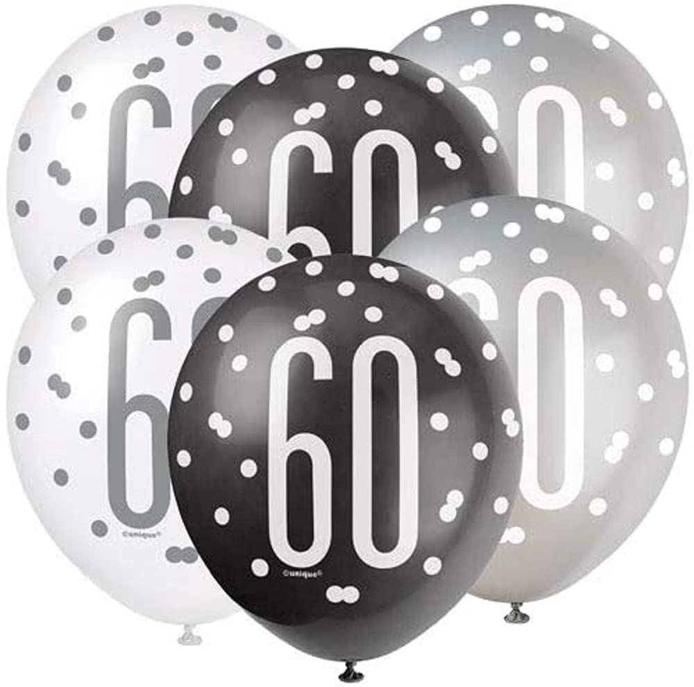 Dazzling 60th Glitz Black, Silver & White Premium Latex Balloons (30cm) - Ideal for Memorable Milestone Party Decorations - 6ct