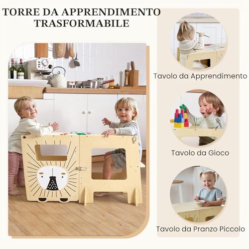 labebe Montessori Tower Kids (98cm Height), Large Size Wooden Folding Montessori Tower, 3 in 1 Kids Desk and Chair Set Transformable with Chalkboard