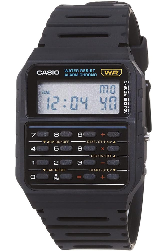 Reloj calculadora vintage Casio CA-53W-1CR | Calculadora de 8 dígitos | Cronómetro de 1/100 segundos | Hora dual | Alarma diaria | Batería de 5 años | Unisexo | Negro