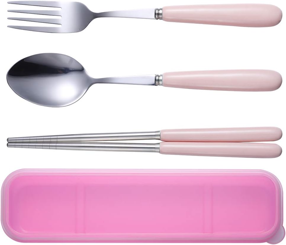 Reusable Flatware Set ,Ccinny 3PCS Stainless Steel Ceramics (Fork, Spoon, Chopsticks) Portable Travel Utensil Set for Travel/Camping, Office Lunch With Carry Box (Pink)