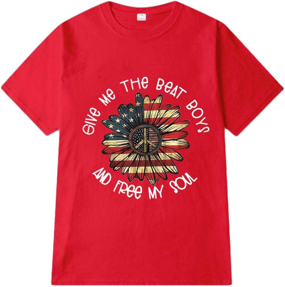 Womens GIVE ME The Beat Boys and Free My Soul Letter Print Tees Tops Sunflower Graphic Short Sleeve T Shirts