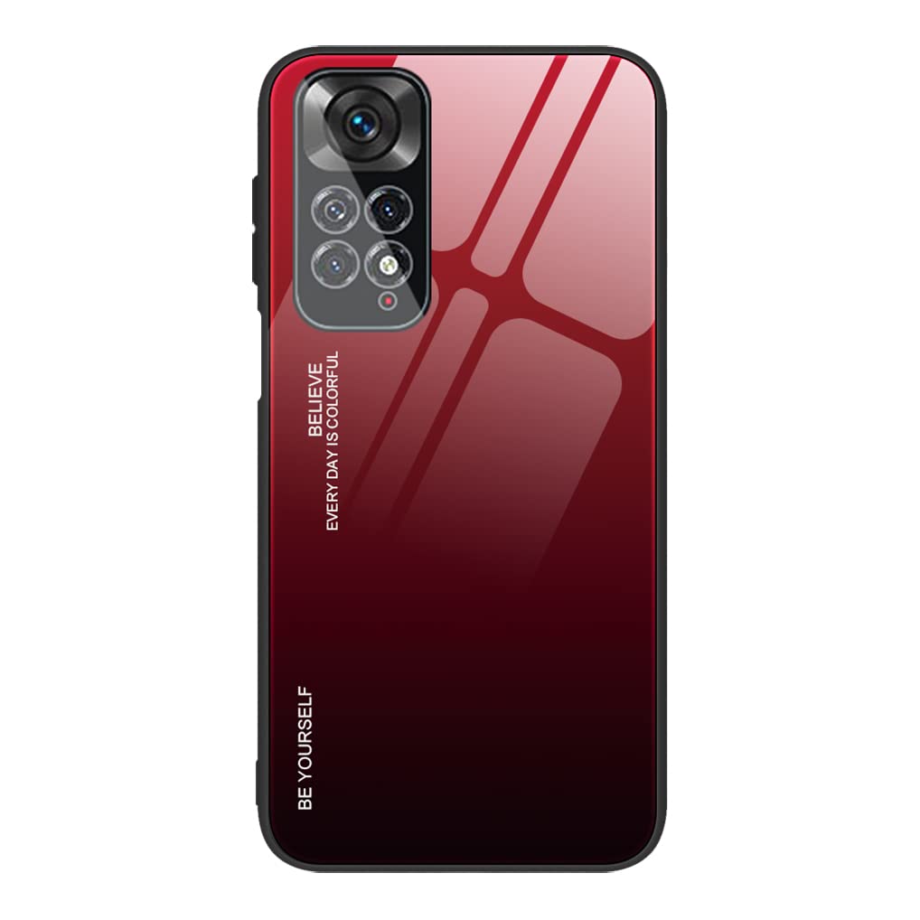 SEAHAI Case for Xiaomi Redmi Note 11S/Redmi Note 11 4G, Ultra Thin Gradient Color Tempered Glass Hard Back & Soft Silicone TPU Bumper Hybrid Shockproof Cover, Elegant Red