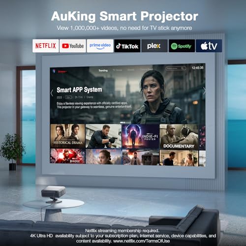 [Now with Netflix & 4500 ANSI] 4K Projector with WiFi and Bluetooth,TOF Real-Time Auto Focus Projector, AuKing Outdoor Movie Home Proyector with Omni-Adjustable Stand(silver grey)