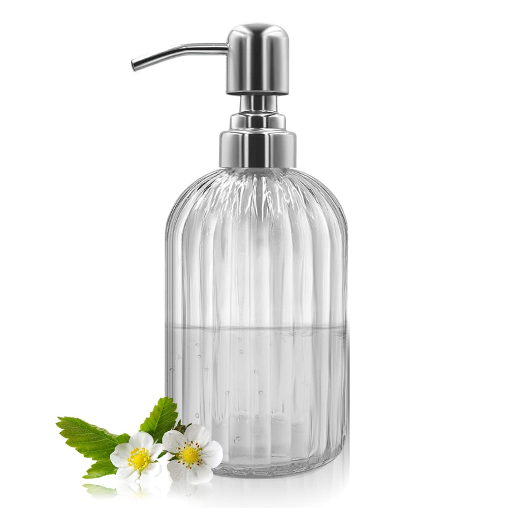 14 Oz Glass Soap Dispenser with 304 Rust Proof Stainless Steel Pump, Refillable Hand Liquid Soap Dispenser for Bathroom, Kitchen， Countertop, Laundry Room (White)