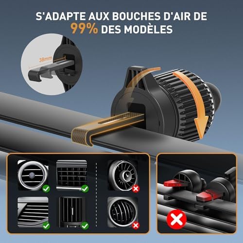Porte Telephone Voiture：360° Rotation Support Telephone Voiture, [Clip Amélioré] Socles de Téléphone Portable pour Automobile avec iPhone, Samsung, Google, Sony etc. (Black)