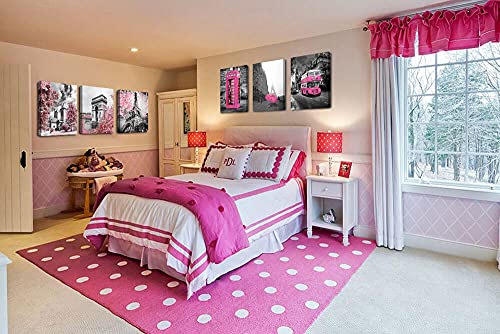 Girls Pink Paris Theme Room Decor Wall Art Paris Eiffel Tower Decor for Bedroom for Canvas Black and White Art Eiffel Tower Pictures Decorations London Big Ben Tower Eiffel Tower Painting Framed