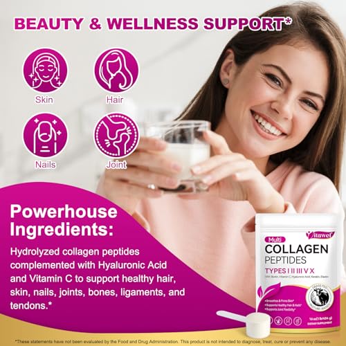 Multi Collagen Peptides Powder,Type I, II, III, V, X,with Biotin,Vitamin C,Hyaluronic Acid,Supports Healthy Joint, Hair, Skin & Nail Support,Grass-Fed, Non-GMO,16oz