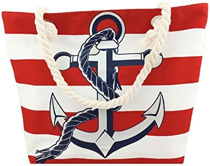 Large Striped Cotton Canvas Beach / Tote Bag, Multiple colors (Anchor Red )