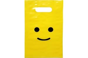 L LIFETIME Smile! Yellow Party Favors Bags Super Strong 24 Pack Loot Birthday Emoji Treat Plastic Bag, 9 x 6 inch - Birthday Gift Bag for Kids Boys and Girls - Plastic Gift Bags with Handles