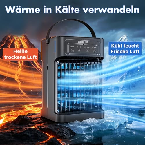 Mobile Air Conditioning, 4-in-1 Mobile Air Conditioning, Fan with Water Cooling, 1100 ml Water Tank, Air Conditioner with 3 Wind Speeds, 7 Colours, Light, 3 Spray Functions, 2-8H Timer for Bedroom