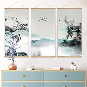 3 Panel Hanging Poster with Wood Frames - Ink Painting Style Chinese Dragon - Ready to Hang Decorative Wall Art - 18"x36" x 3 Panels