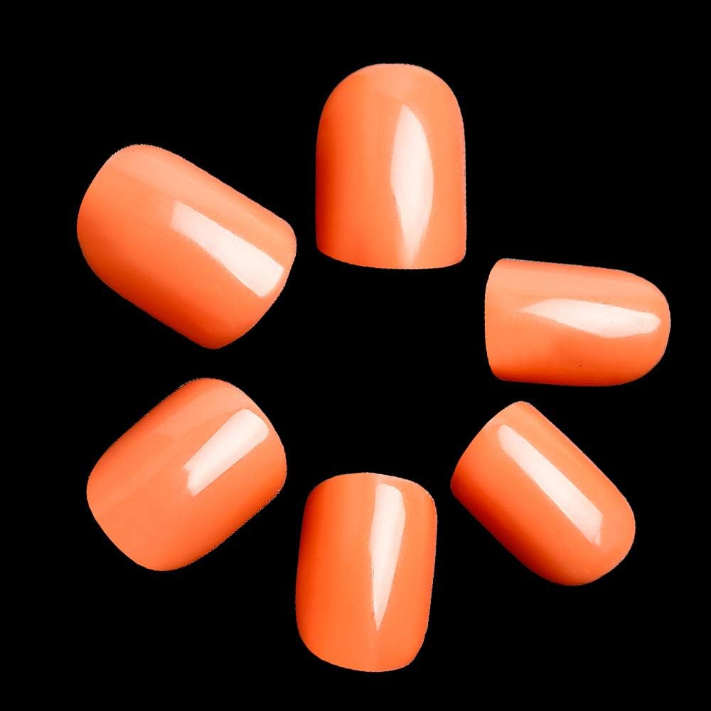 24 Pcs Simple Solid Colors Short False Nail Tips with Glue Stickers and Mini File(Orange)