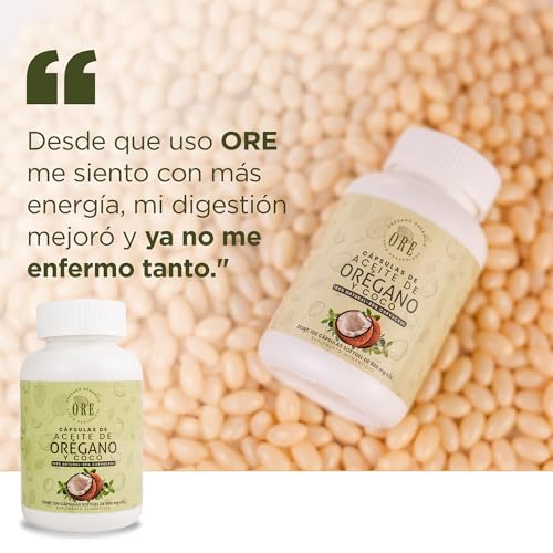 ORE Aceite de Orégano y Coco, 100 Cápsulas Softgel, 500 mg, Suplemento Natural, Orgánico, Aceite de Orégano con 80% Carvacrol y Aceite de Coco