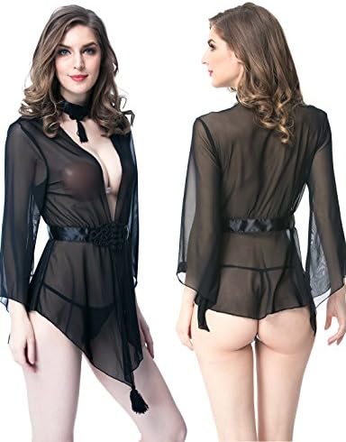 Cambiar Women's Sexy Lingerie Set Long Sleeve V-neck Chinese Elements Nighty Sleepwear Set (XL,Black)