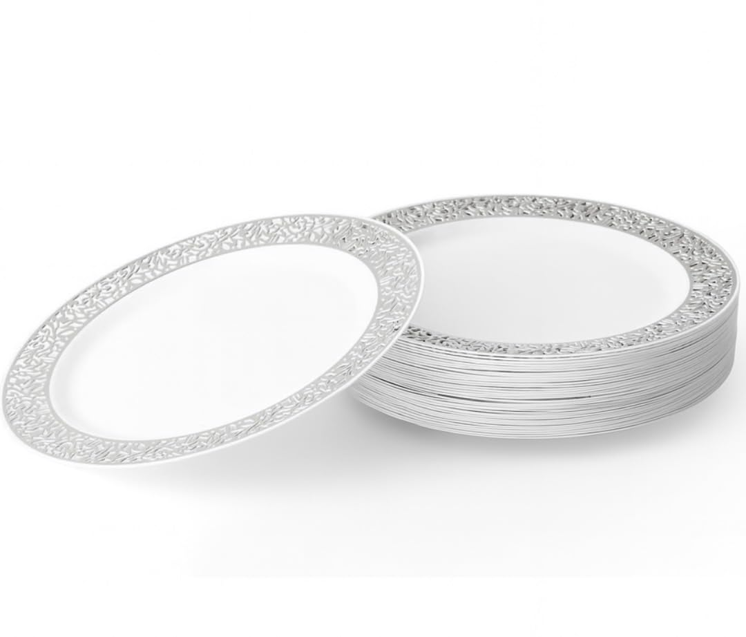 MATANA 20 Premium White Plastic Dessert Plates with Silver Rim, 19cm / 7.5 Inch - Elegant & Reusable Side Plates for Weddings, Birthdays, Picnic, BBQ, Parties