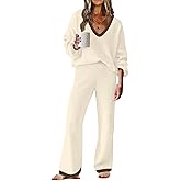 ETCYY NEW Womens 2 Piece Outfits Sweater Lounge Set Casual V Neck Knit Pajama Set Long Sleeve Top Wide Leg Pants Loungewear