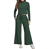 FANCYINN Women's Two Piece Outfits Long Sleeve Mock Neck Tops Drawstring Wide Leg Pants Fall Lounge Sets with Pockets