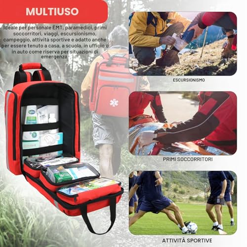 3DTengkit Emergency Medical Backpack, Empty First Aid Bag, First Aid Trauma Bag, with Reflector, Large Capacity (Red)