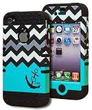 Bastex Heavy Duty Hybrid Case for iPhone 4, 4s, 4th Generation - Black Silicone / Teal & White Chevron Pattern Hard Shell with Anchor & Heart Design