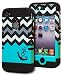 Bastex Heavy Duty Hybrid Case for iPhone 4, 4s, 4th Generation - Black Silicone / Teal & White Chevron Pattern Hard Shell with Anchor & Heart Design