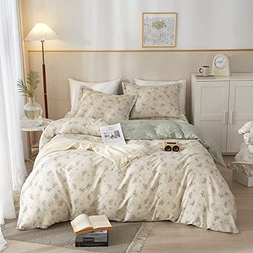 LifeTB Garden Style Duvet Cover Queen Soft Cotton Boho Bedding Sets Chic Shabby Botanical Queen Duvet Cover Girl Women Vintage Floral Comforter Cover with Zipper Closure 4 Ties