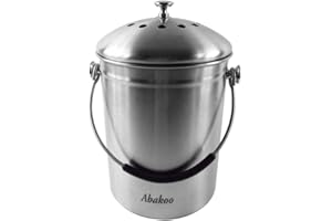 Abakoo Compost Bin 304 Stainless Steel Kitchen Composter Waste Pail Indoor Countertop Kitchen Bin Pail - Includes 4 Filters (1.3 Gallon)