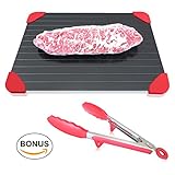Defrosting Tray Large with Red Silicone Border and Bonus Kitchen Tong – Rapid Thaw Frozen Food or Meat – Thawing Fast with No Electricity or Water – The Quick and Healthy way to Defrost – By AVIEUS