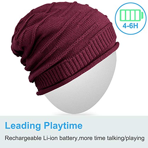 Mydeal Wireless Bluetooth Beanie Hat Headphones Headsets Music Audio Cap with Speakers Mic Hands Free for Women Men Outdoor Sports,Compatible with Iphone 7/7 plus,Samsung,Christmas Gifts - Burgundy