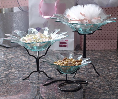 Colorful Daisy Shaped Glass Serving Chip & Dip Dish or Candy Nut Bowl ~ G147F Aqua Table Top Glass Serving Bowl Serve Ware w/ Metal Stand for Chip & Dip Combos, Fruit or Displaying Potpourri