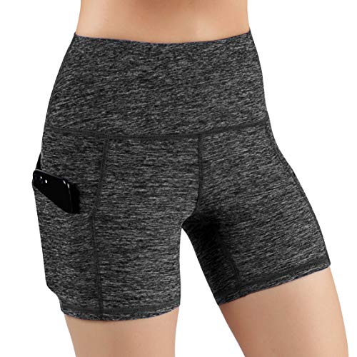 ODODOS High Waist Out Pocket Yoga Short Tummy Control Workout Running Athletic Non See-Through Yoga Shorts,CharcoalHeather,Large