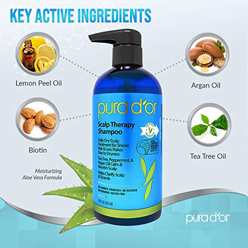 PURA D'OR Scalp Therapy Shampoo - Hydrates & Nourishes Scalp - Scalp Care Shampoo For Itchy Flaky Scalp w/Tea Tree, Peppermint, Patchouli, Cedarwood, Clary Sage, Argan Oil 16oz (Packaging may vary)
