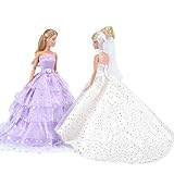 E-TING Sequin Gown, 2 pcs Princess Dress, Beautiful Bride Clothing with Veil and Scarf, Handmade Doll Party Dresses Ball Clothes for Barbie Dolls