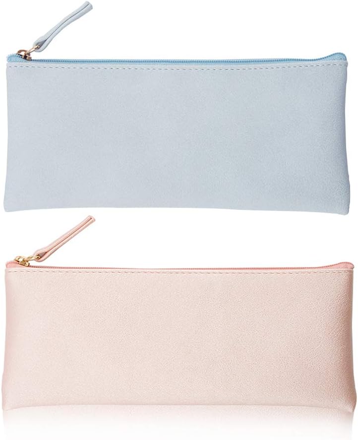 EONMIR PU Leather Pencil Cases Pouch Bag with Zipper,Small Simple Pencil Pouches, Makeup Pouch, Cosmetic Pouch (Blue+Pink)