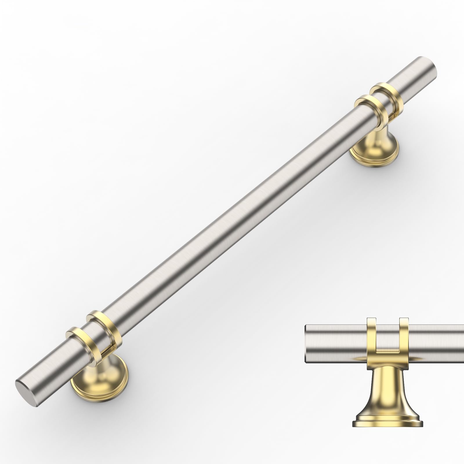 Amerdeco 10 Pack Brushed Satin Nickel Gold Cabinet Pulls 6.3 Inch(160mm) Hole Center Cabinet Hardware Kitchen Cabinet Handles for Bathroom Drawer Pulls Dresser Pulls UK0002