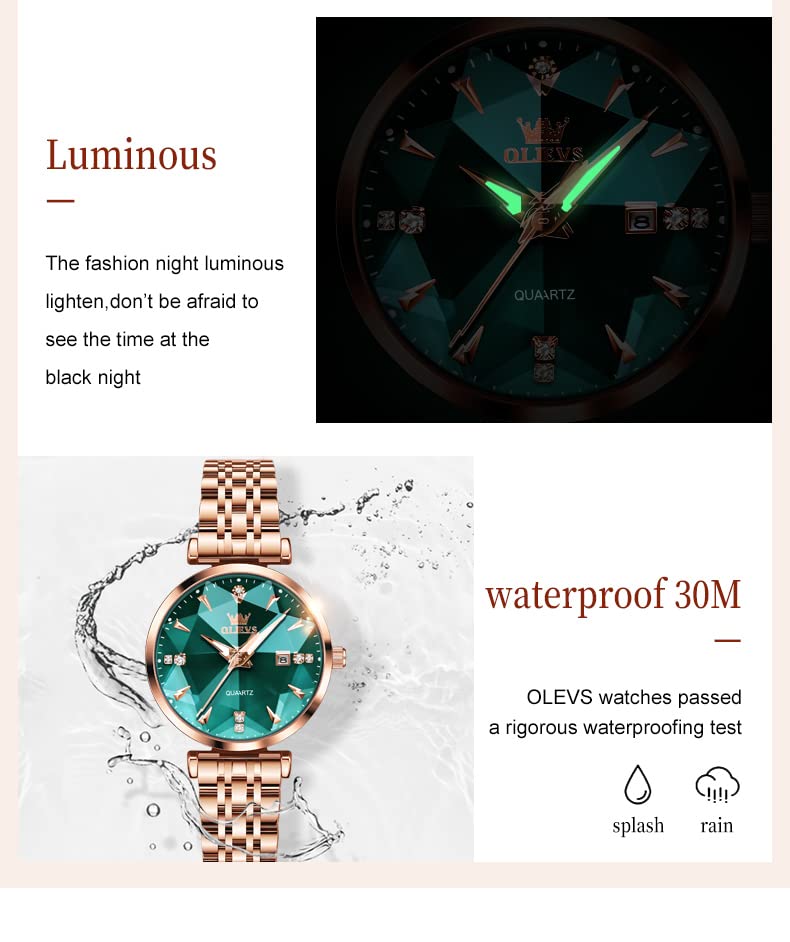 OLEVS Women Watch Fashion Rose Gold Diamond Analog Quartz Female Watches for Women Luxury Dress Ladies Stainless Steel Luminous Waterproof Date Wristwatches