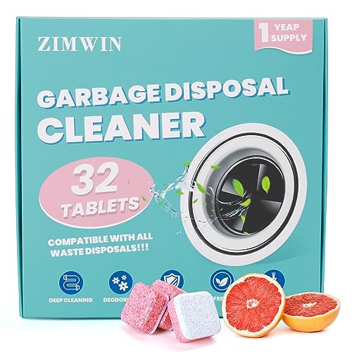 Garbage Disposal Cleaner and Deodorizer Tablets 32 Packs, Fresh Grapefruit Foaming Drain Cleaner and Disposer Freshener, Natural Kitchen Sink Smell Eliminator Cleaning Supplies, 1 Year Supply