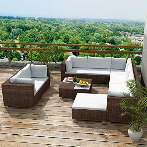 vidaXL Gartenmöbel 10-TLG. mit Auflagen Sitzgruppe Sitzgarnitur Sofa Lounge Gartensofa Gartenset Rattanmöbel Sofagarnitur Poly Rattan Braun – Bild 3